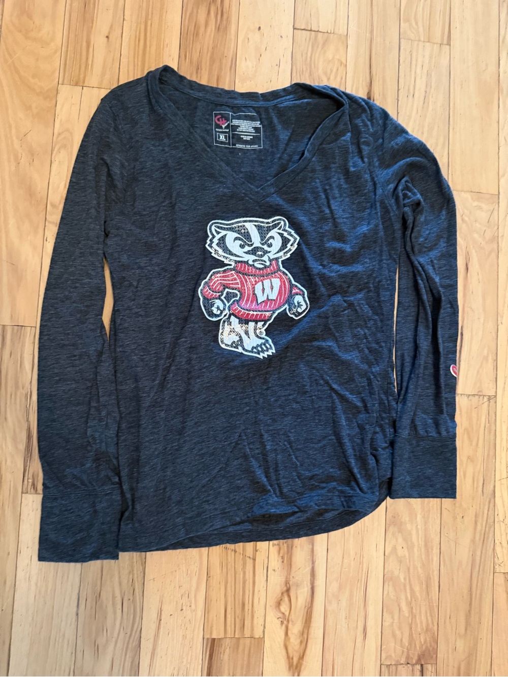 Grey Wisconsin Badgers V-Neck Long Sleeve Tee with Bucky Mascot